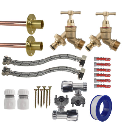 Brass Bib Tap Full Kit x2: geflochtene Schläuche, weiße Anschlüsse, blaues Dichtband