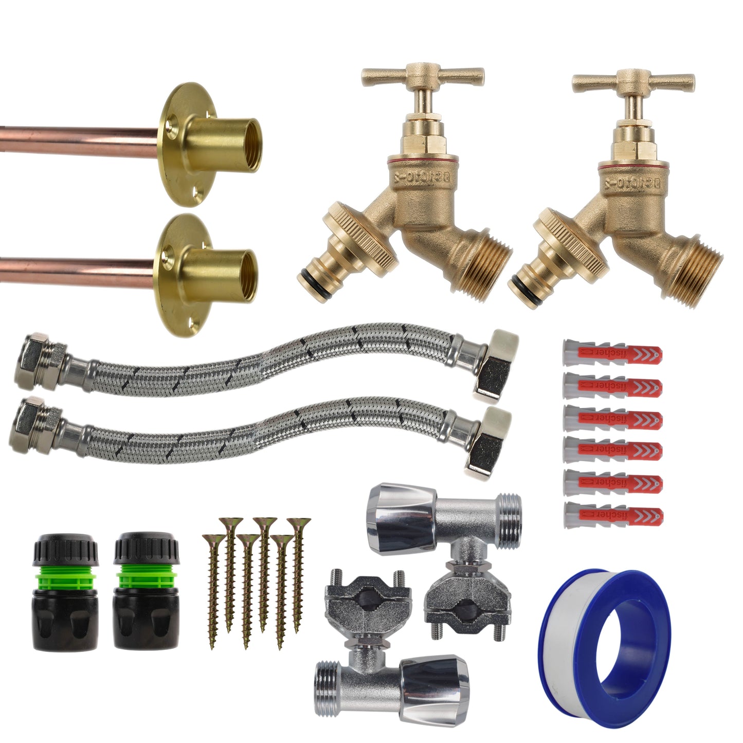 Brass Bib Tap Full Kit x2: geflochtene Schläuche, schwarze Anschlüsse mit grüner Markierung