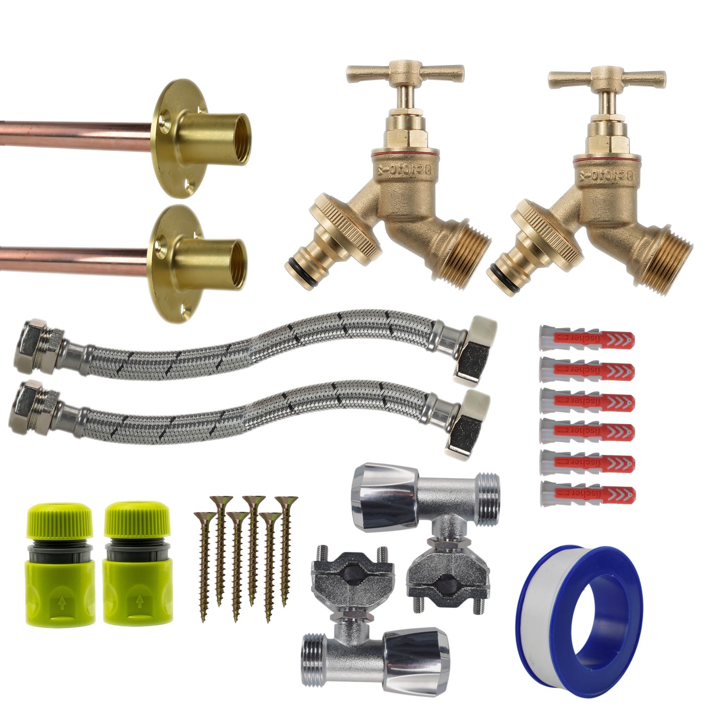Full tap connect kit contents with twin hoses and lime/yellow-line connectors