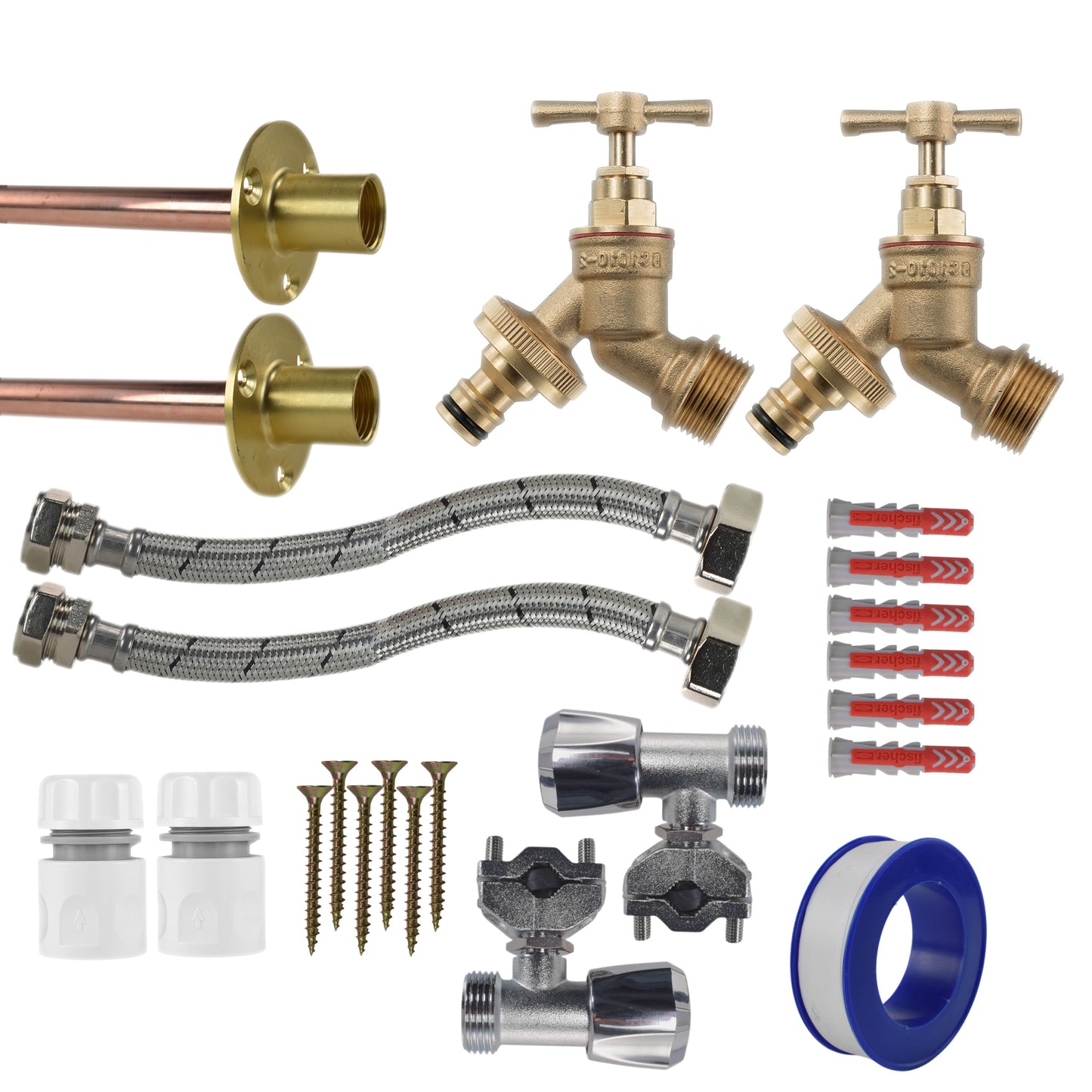 Full tap connect kit contents with twin braided hoses and blue-line connectors