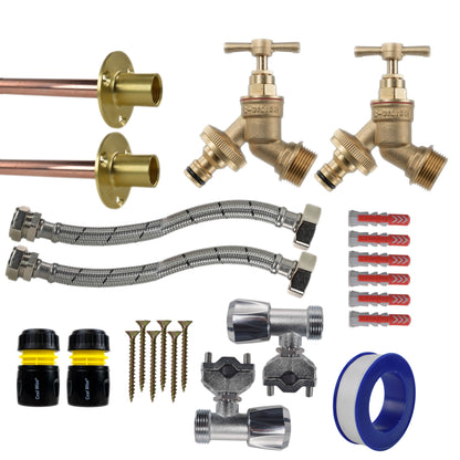 Brass Bib Tap Full Kit x2: geflochtene Schläuche, schwarze Anschlüsse mit gelber Markierung