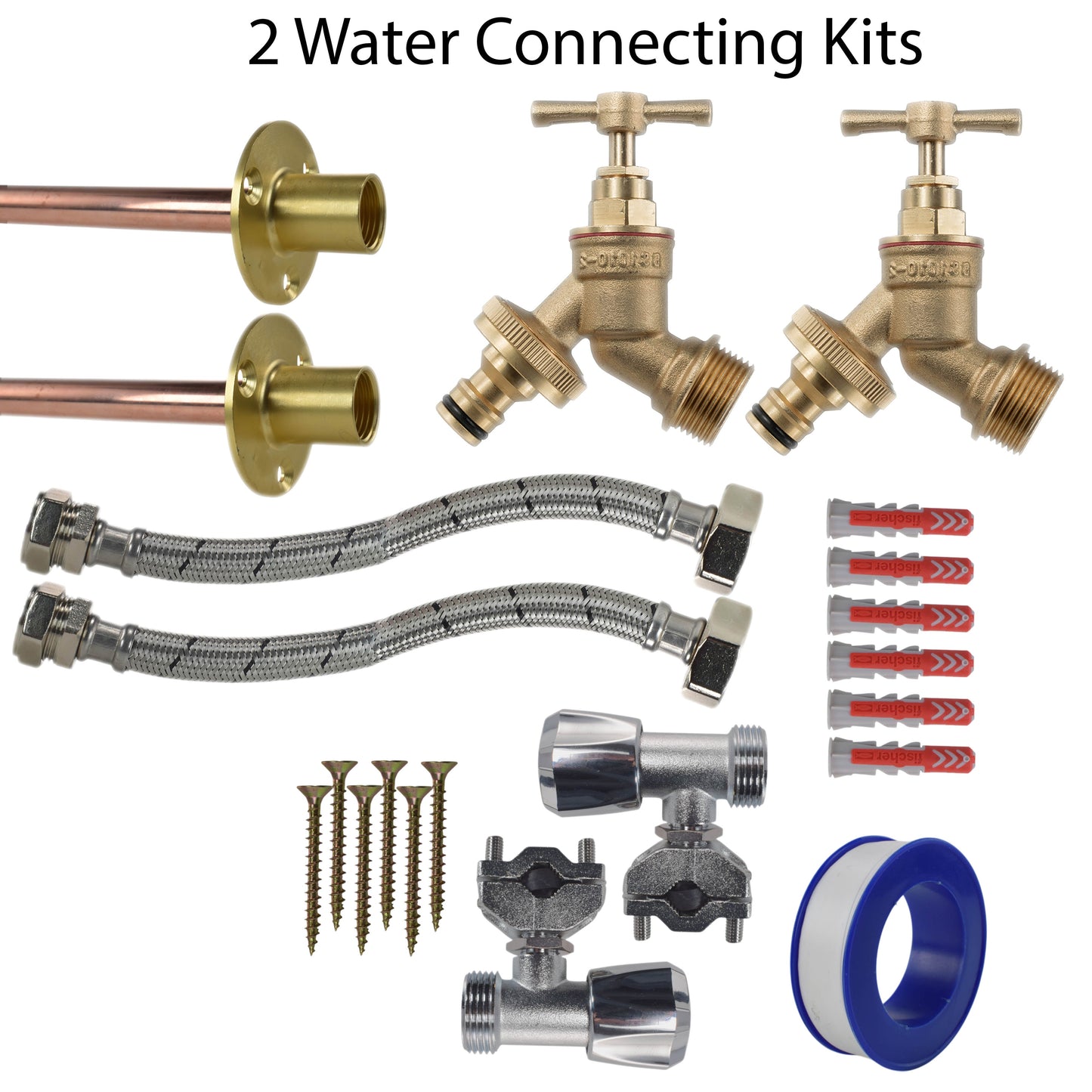 2 Wasseranschluss-Kits: Messingventile, Braidschläuche, Montageschrauben und Dichtscheiben