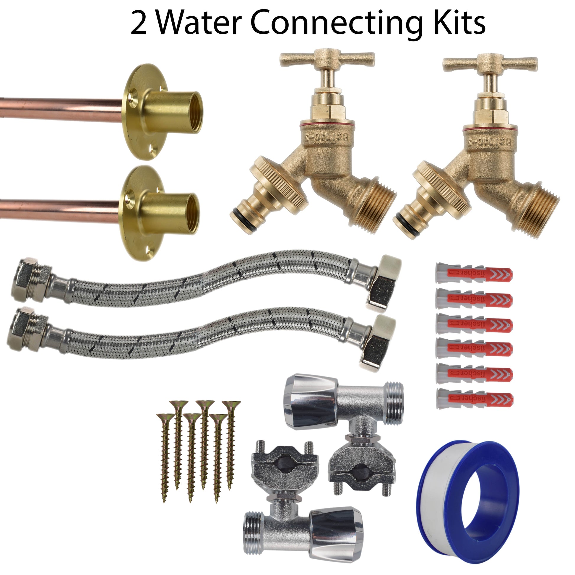 2 Wasseranschluss-Kits: Messingventile, Braidschläuche, Montageschrauben und Dichtscheiben