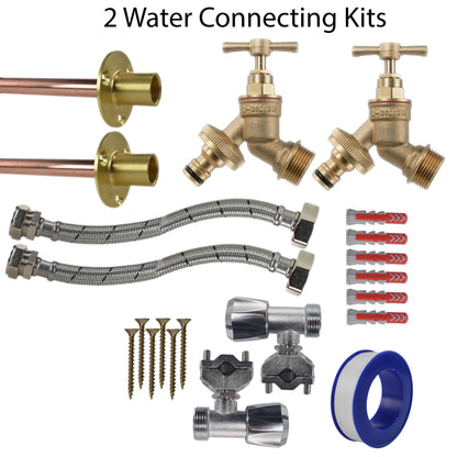 2 Wasseranschluss-Kits: Messingventile, Braidschläuche, Montageschrauben und Dichtscheiben