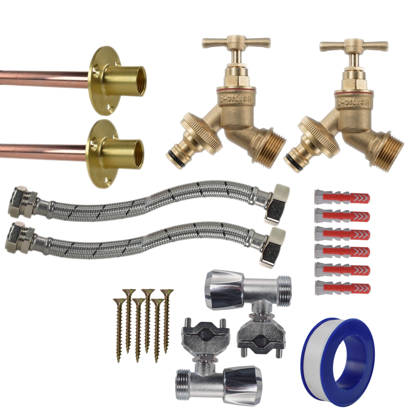 Messing Quick-Connect Bib-Tap Komplettset (2x) mit Schlauchanschlüssen und Dichtungen