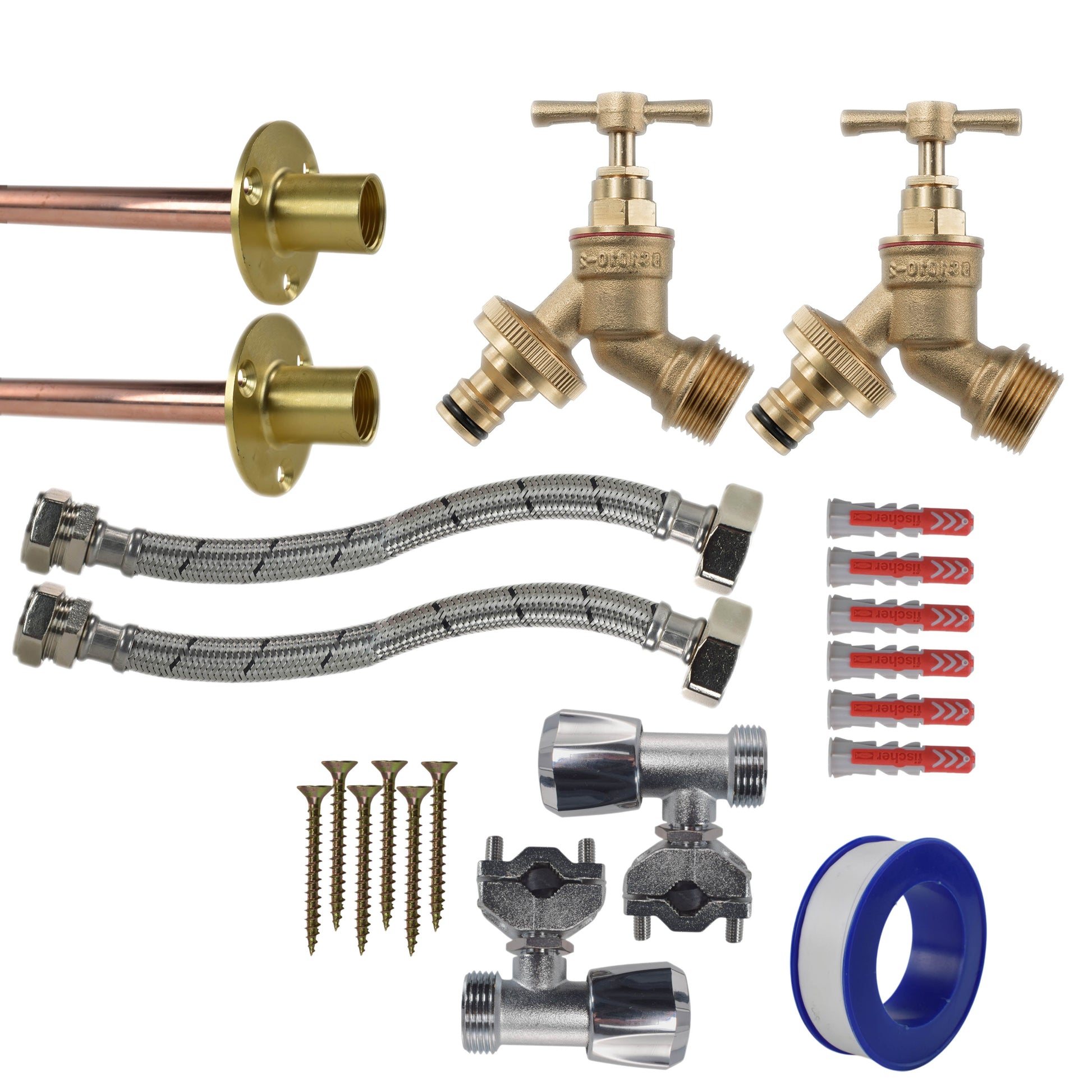Messing Quick-Connect Bib-Tap Komplettset (2x) mit Schlauchanschlüssen und Dichtungen