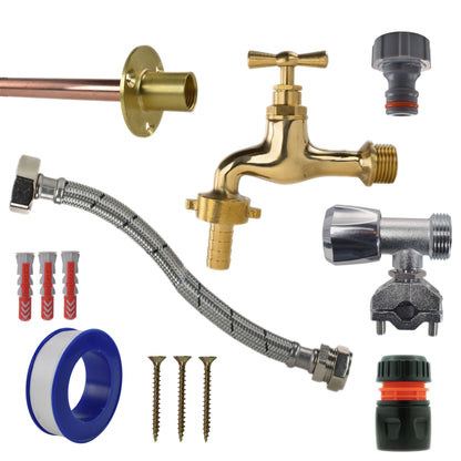 Polished brass 13mm barb tap full kit with black/orange hose connector