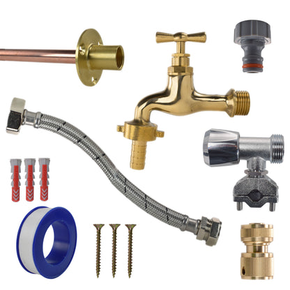 Polished brass 13mm barb tap full kit with brass hose connector