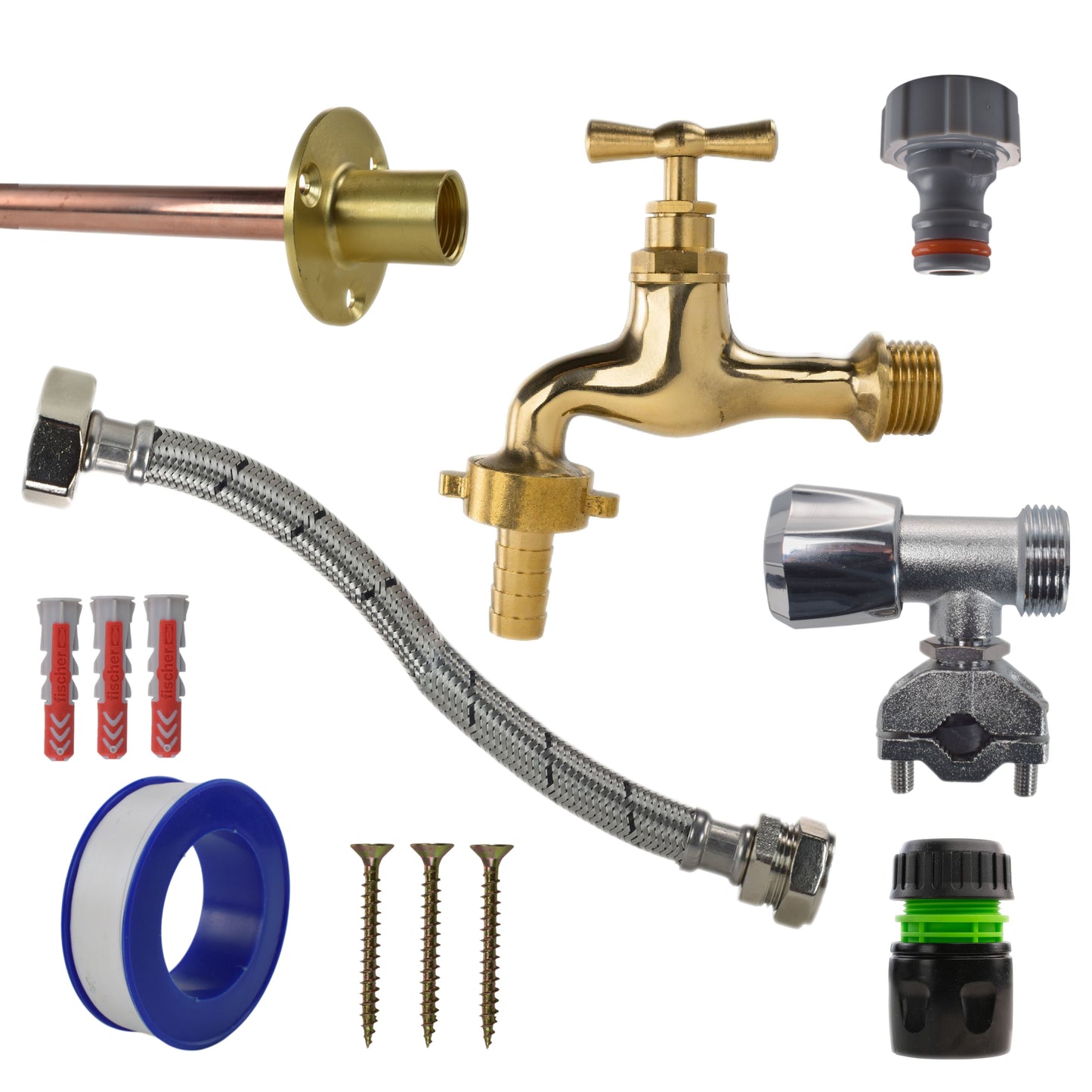 Polished brass 13mm barb tap full kit with black/green hose connector