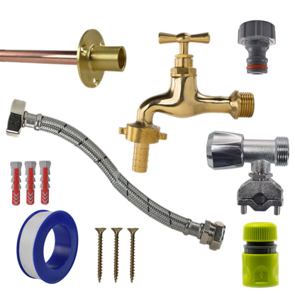 Polished brass 13mm barb tap full kit with lime line hose connector