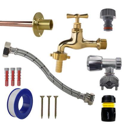 Polished brass 13mm barb tap full kit with black/yellow hose connector