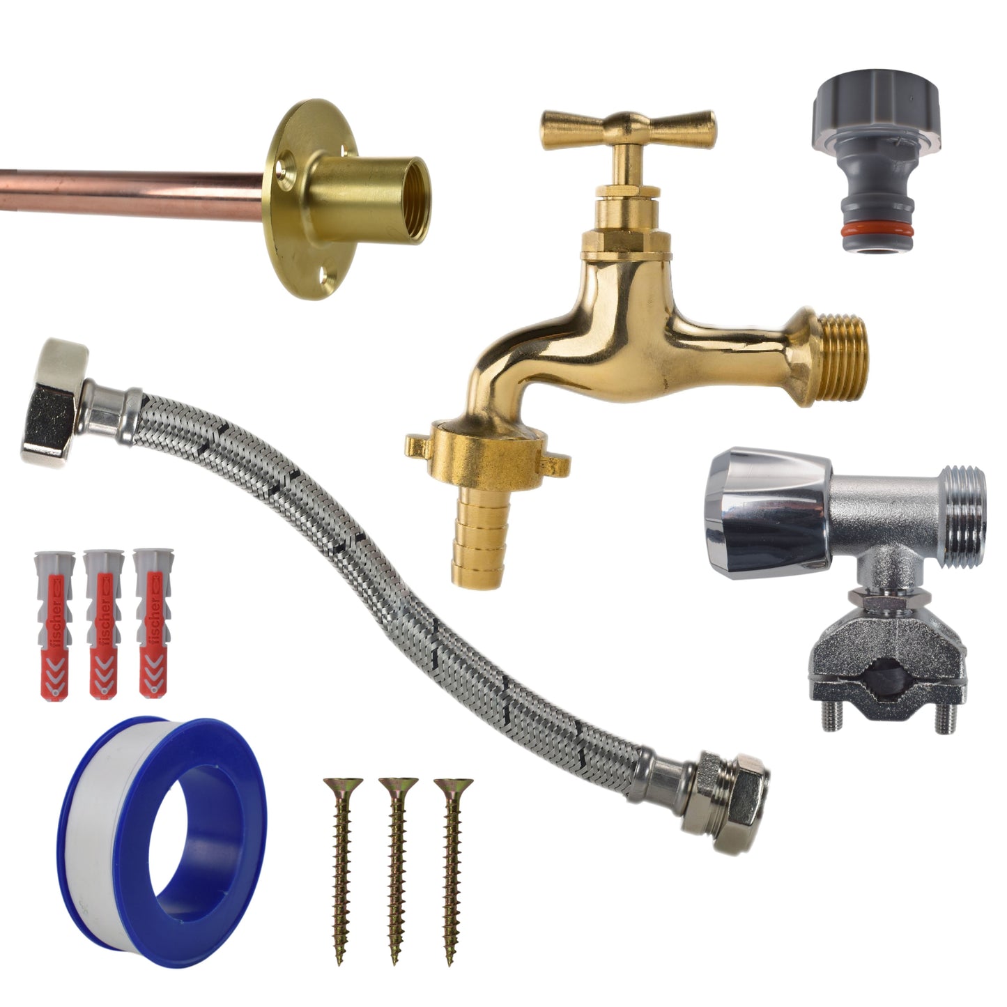 Polished brass 13mm barb tap full connection kit with braided hose and fittings