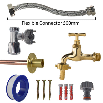 Polished brass 13mm barb tap kit: flexible braided connector hose, screws, PTFE seals