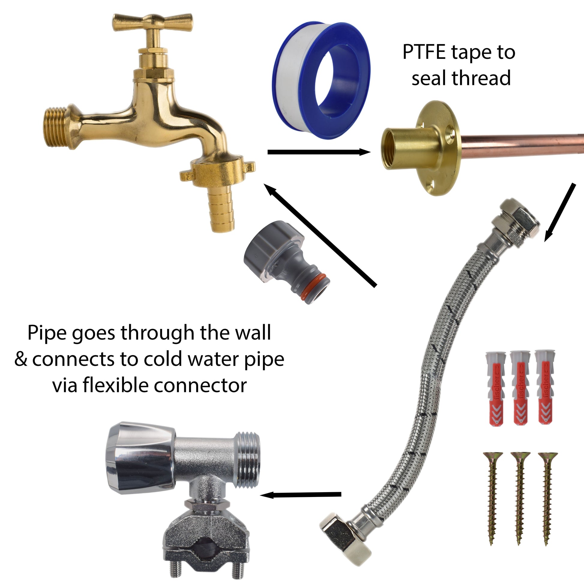 Polished brass tap and braided flex connector with PTFE tape for sealing threads