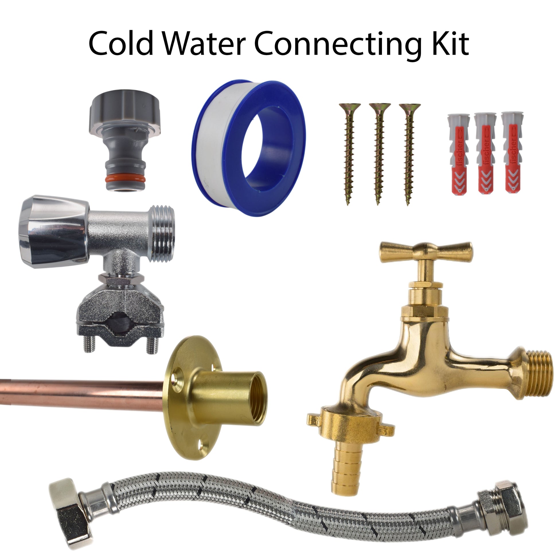 Polished brass 13mm barb tap cold water connecting kit with hoses, screws, seals
