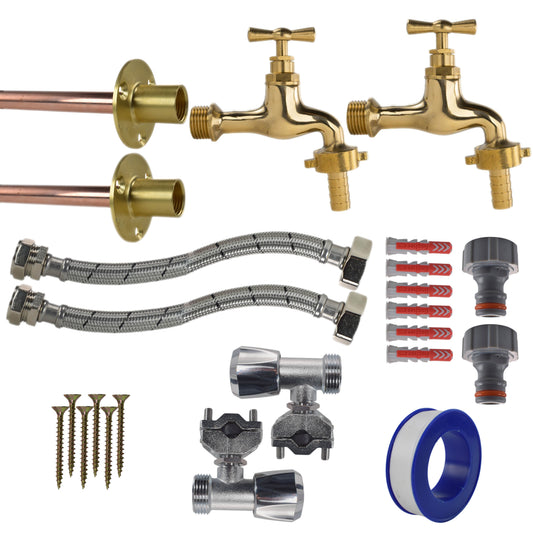 Polished brass 13mm barb full tap connection kit x2: brass taps, hoses, fittings, screws