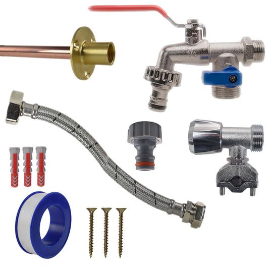 Double lever tap full connection kit with braided hose, brass flange and stop valves