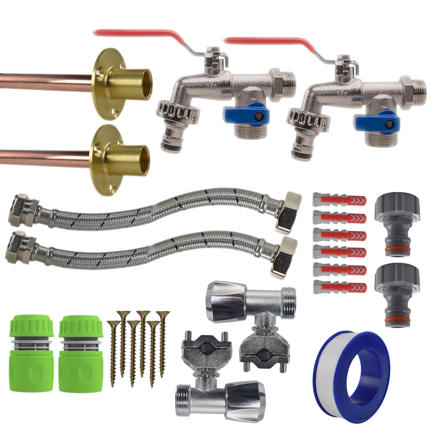 Double Lever Tap kit x2: lime-green caps, braided hoses, blue seals, angle fittings