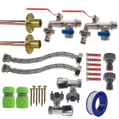 Double Lever Tap kit x2: lime-green caps, braided hoses, blue seals, angle fittings