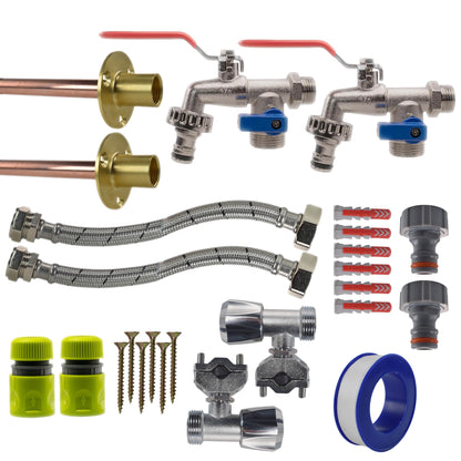 Double Lever Tap full kit x2 with lime-green caps: hoses, fittings, screws, seals