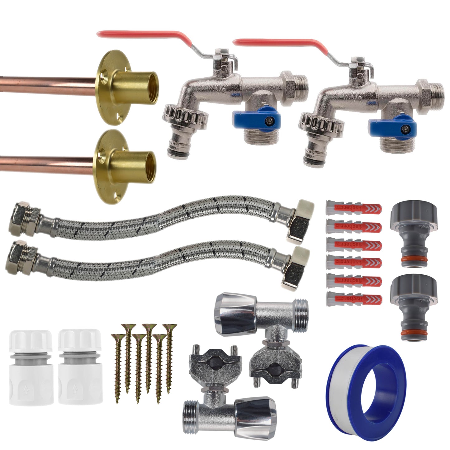 Double Lever Tap full kit x2: valves, braided hoses, fittings, screws, seals