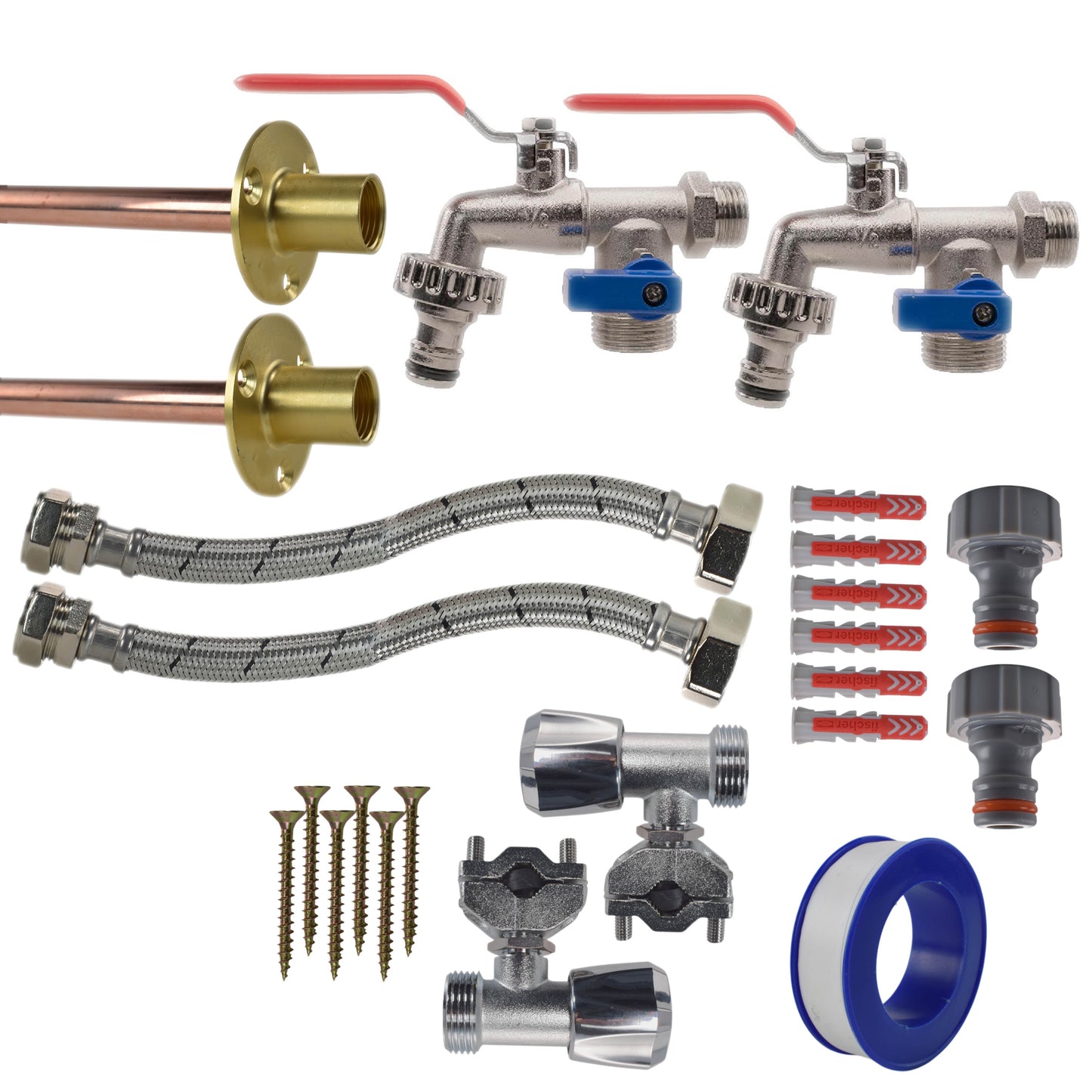 Full connection kit x2 mit Messing-Anschlüssen, Ventilen, flexiblen Schläuchen und Zubehör