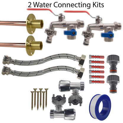 Wasseranschluss-Kit x2: Ventile mit blauen Knöpfen, Schläuche, Dichtungen und Schrauben