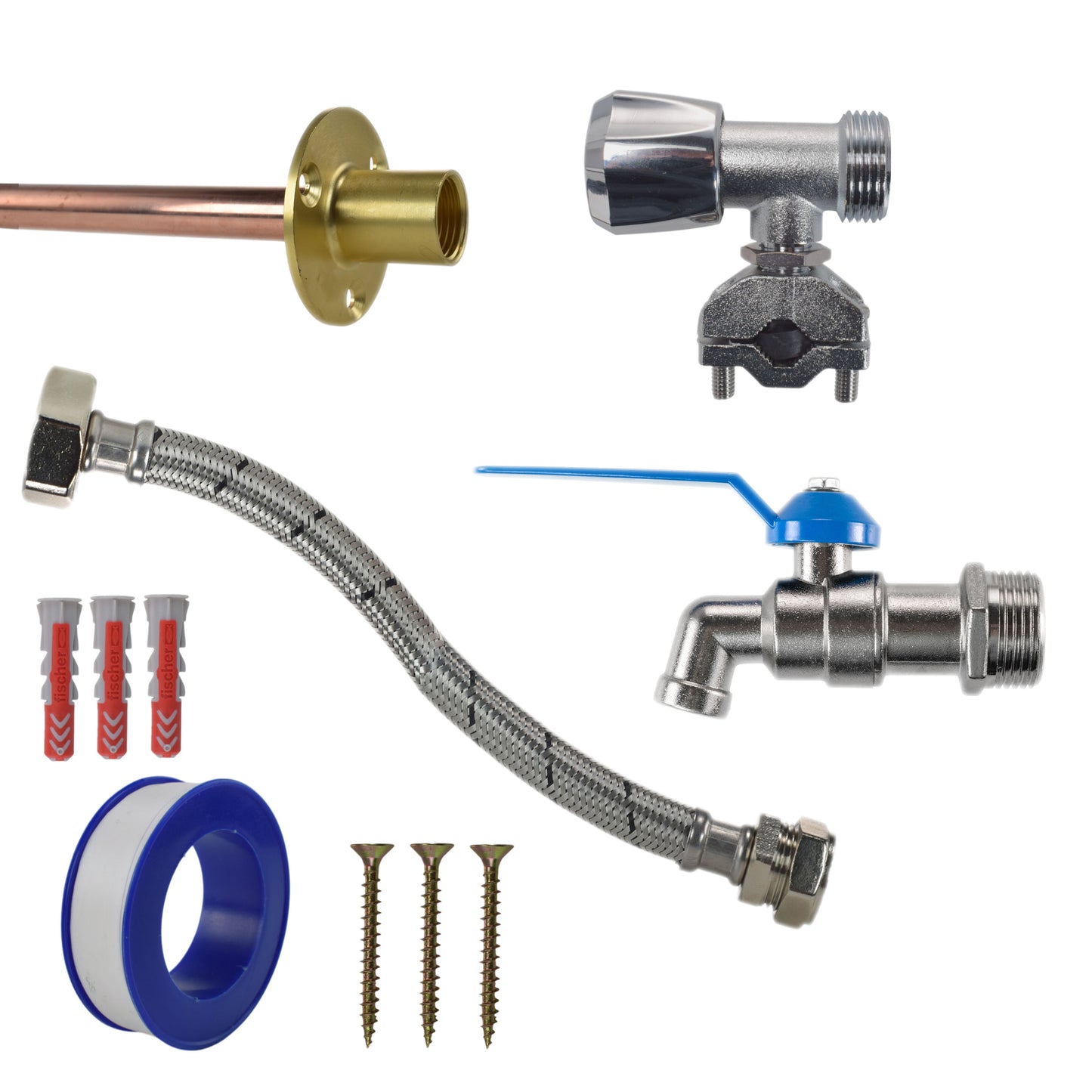 Tap connection kit with chrome fittings, braided hose, blue lever valve, screws and seal