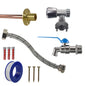 Tap connection kit with chrome fittings, braided hose, blue lever valve, screws and seal
