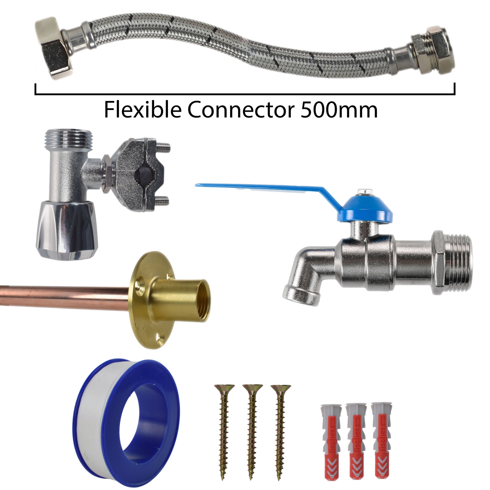 Flexible connector kit with 500mm braided hose, cold water valve fittings, screws and seal