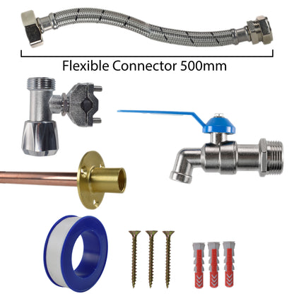 Flexible connector kit with 500mm braided hose, cold water valve fittings, screws and seal