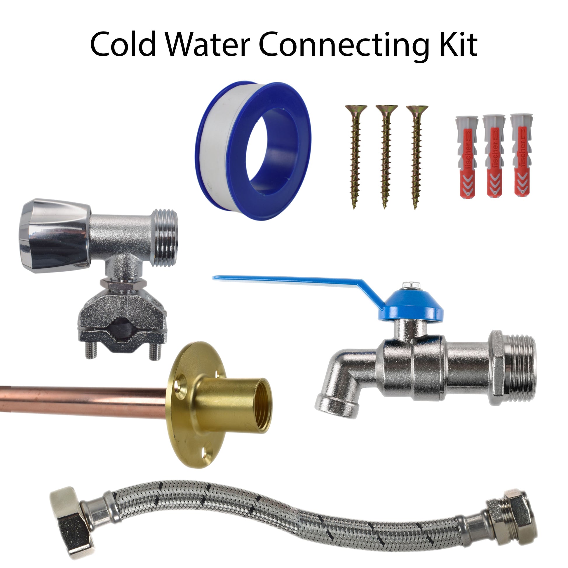 Cold water connecting kit with braided hose, chrome elbow valve, brass wall flange and screws
