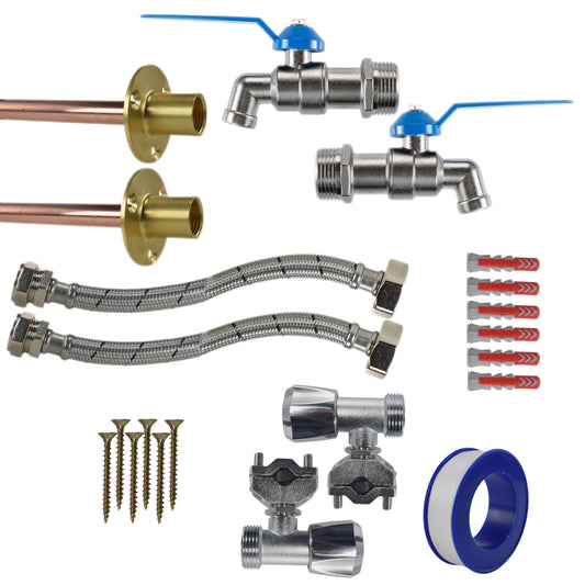 Lever tap full connection kit x2 with shut-off valves, braided hoses, and fittings