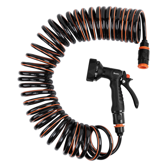 10m spiral hose with multi-function sprayer, black with orange accents