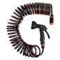 10m spiral hose with multi-function sprayer, black with orange accents