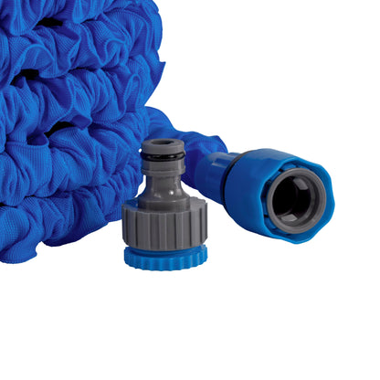 Blue expanding hose nozzle end with gray connector and protective cap