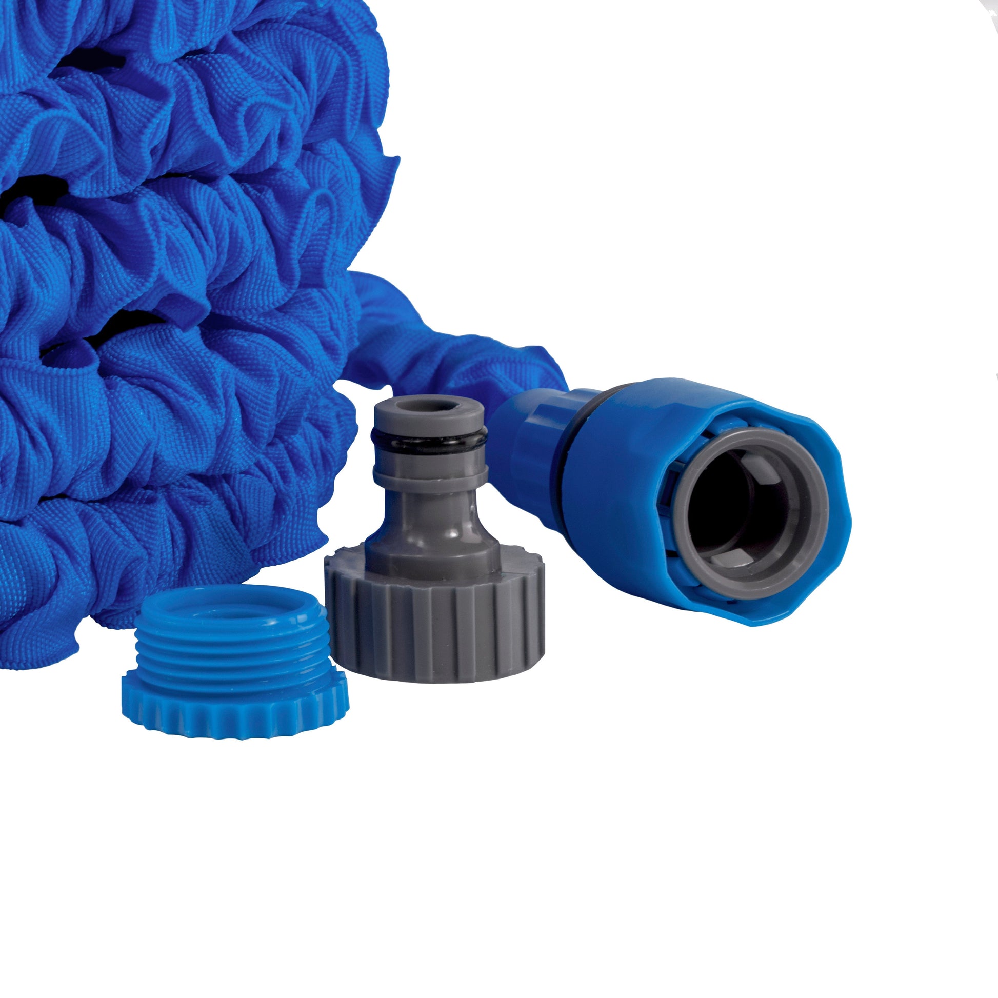 Blue trick hose ends with gray and blue threaded connectors and protective caps