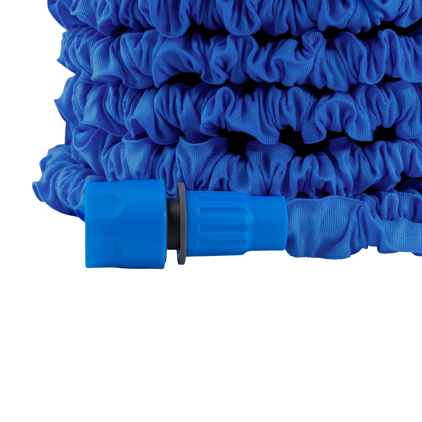Rolled blue expanding garden hose with ribbed gray-black insert near connector