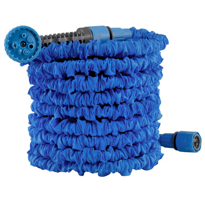 Coiled blue expandable hose with blue nozzle tip and end sprinkler head