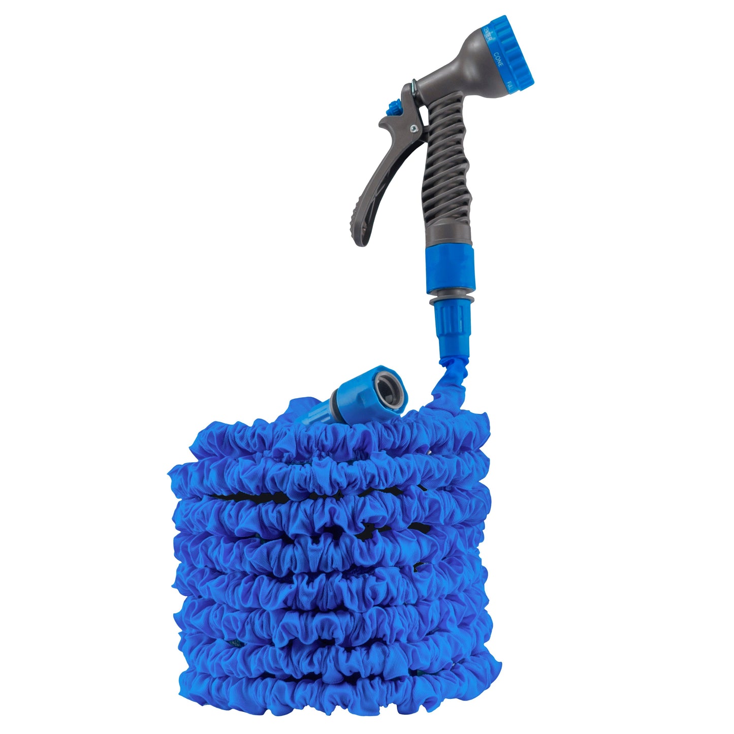 Blue expandable trick hose with gray handheld spray gun and nozzle