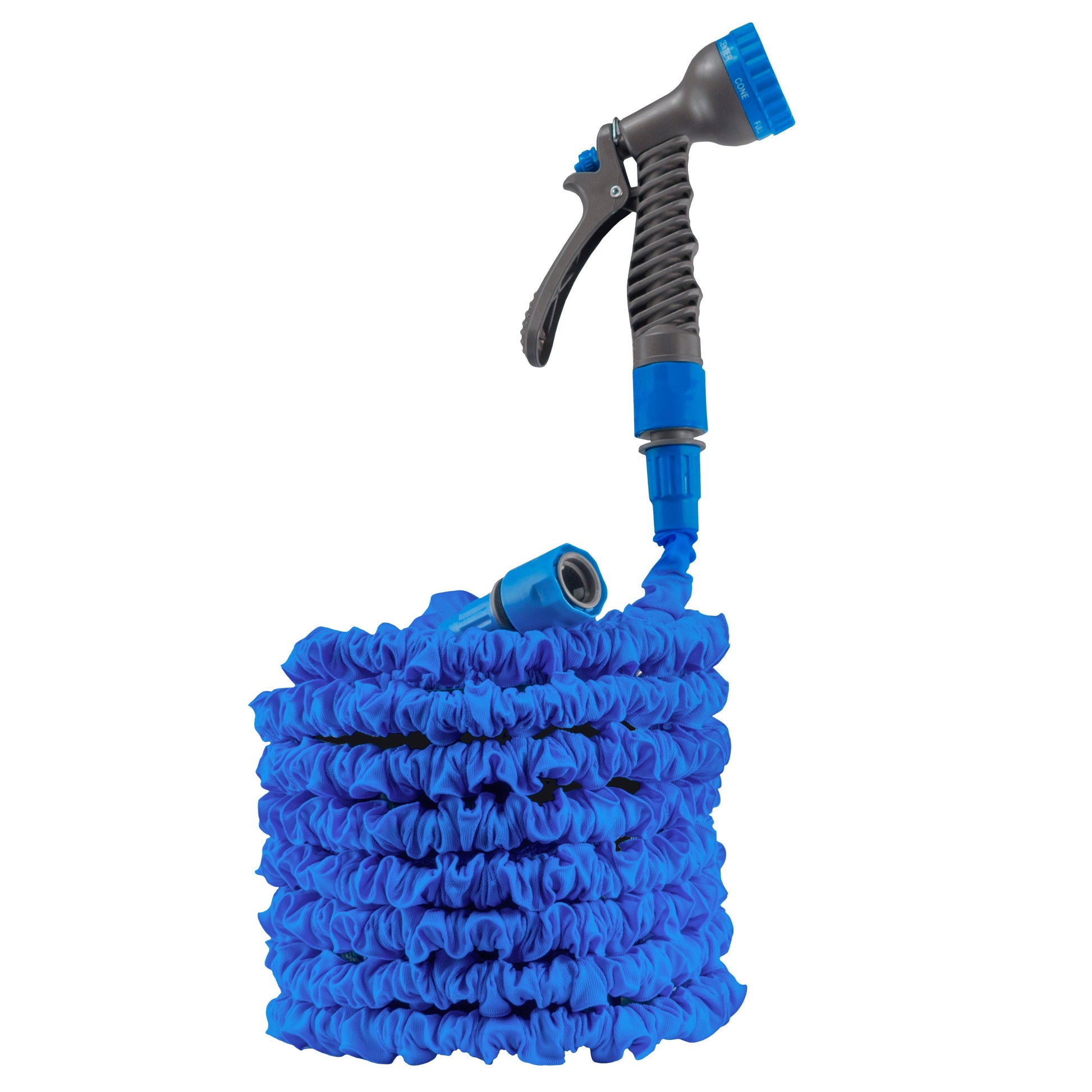 Blue expandable trick hose with gray handheld spray gun and nozzle