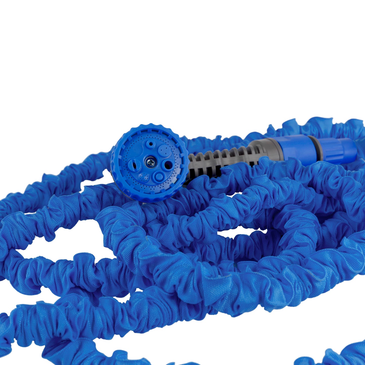 Blue expandable hose end with spray head and threaded gray connector