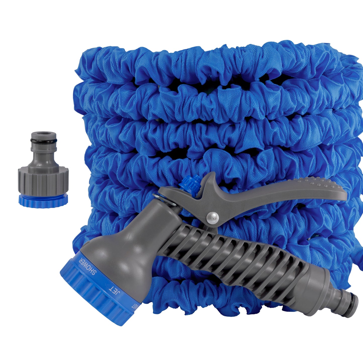 Blue coiled expanding hose with gray trigger sprayer and blue nozzle cap
