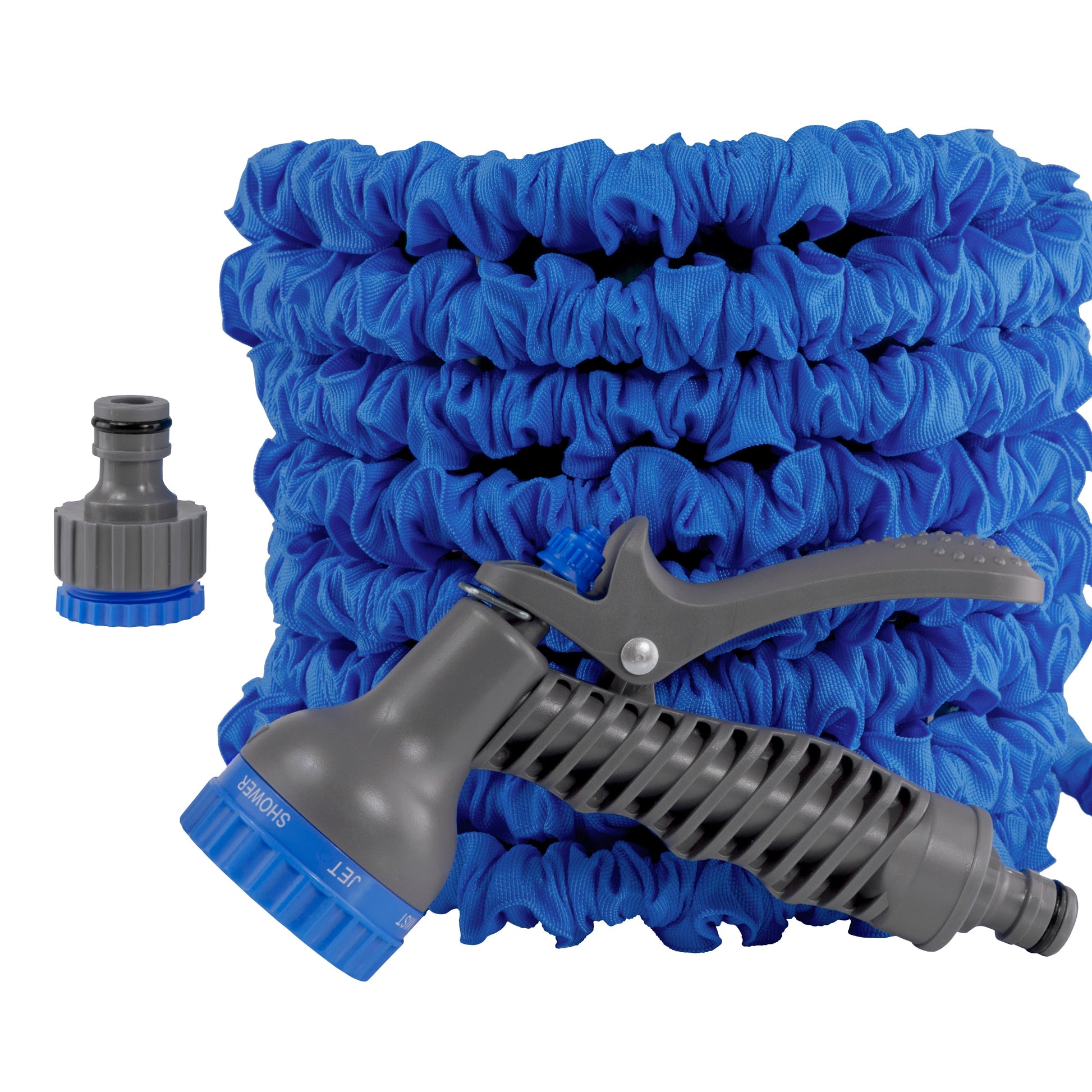 Blue coiled expanding hose with gray trigger sprayer and blue nozzle cap