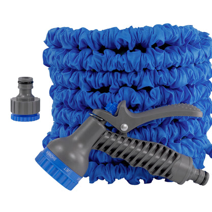 Blue coiled expanding hose with gray trigger sprayer and blue nozzle cap