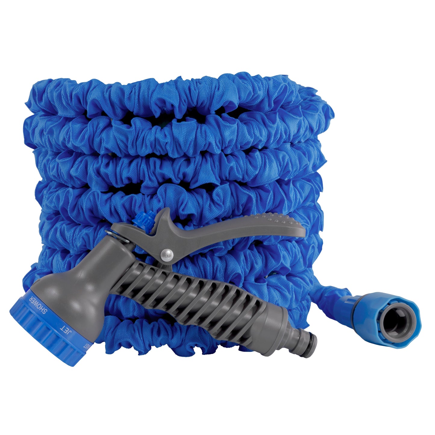 Blue expanding hose with gray spray gun and blue hose outlet connector