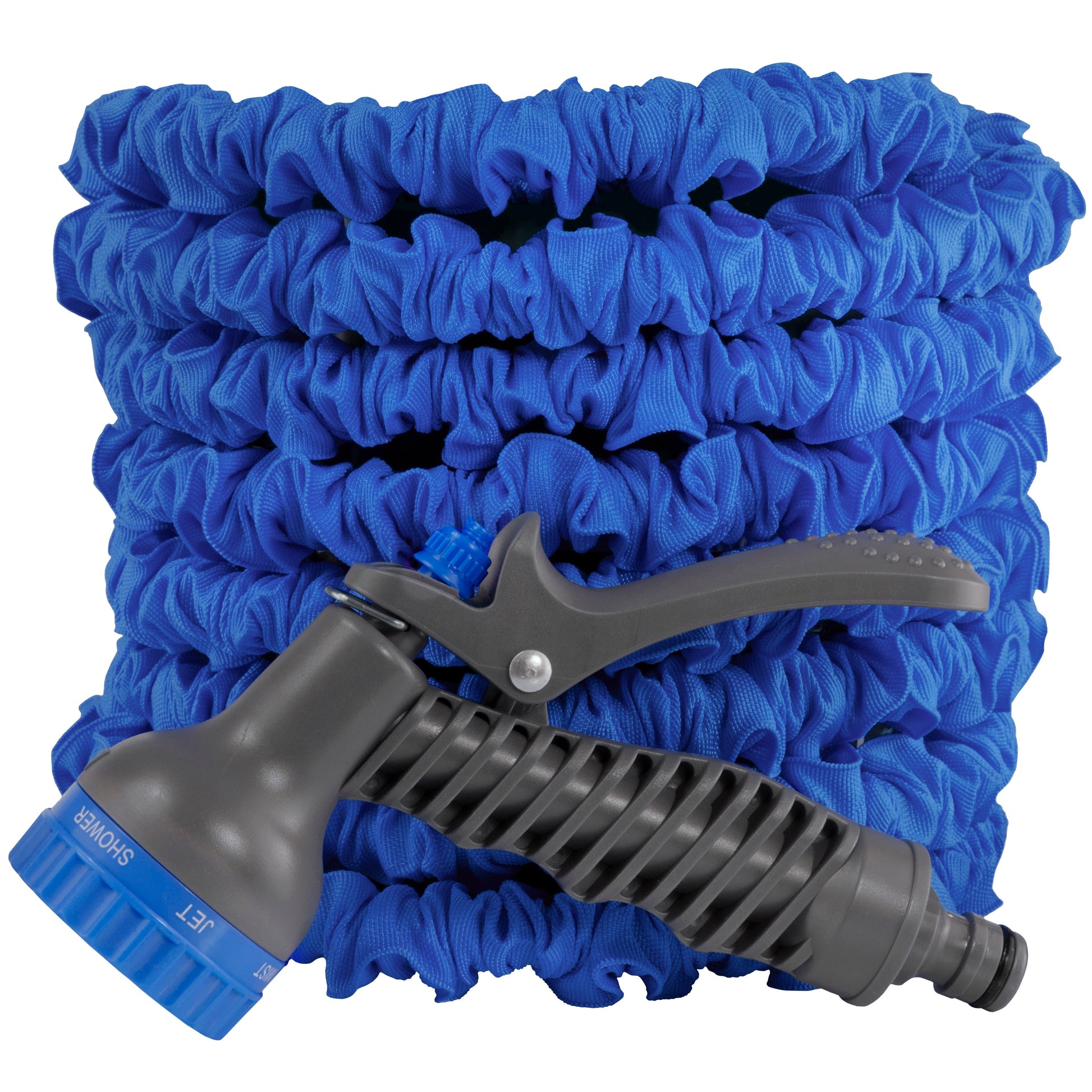Blue expanding trick hose coil with gray spray trigger and ribbed grip