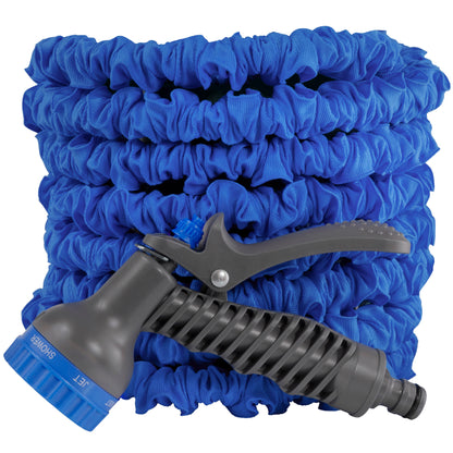 Blue expanding trick hose coil with gray spray trigger and ribbed grip