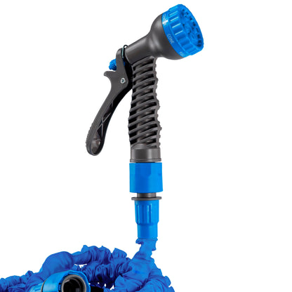 Gray trigger spray gun with blue nozzle and connected blue expanding hose coil