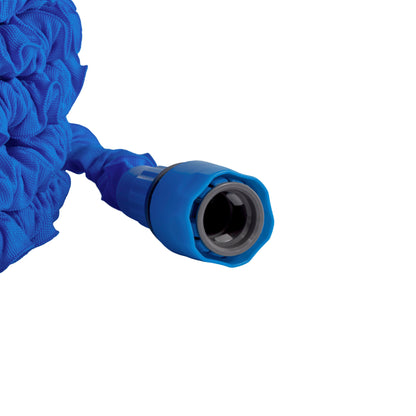 Blue expanding trick hose connector end with ribbed coupling and inner opening